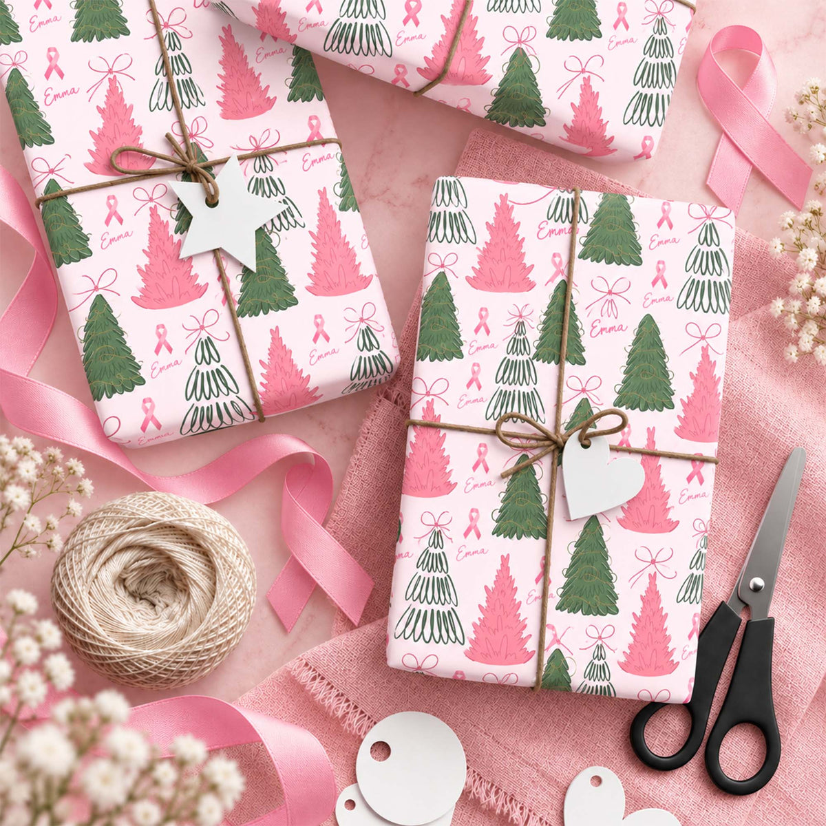 Personalized Name Pink Ribbon Christmas Tree Breast Cancer Holiday Wrapping Paper