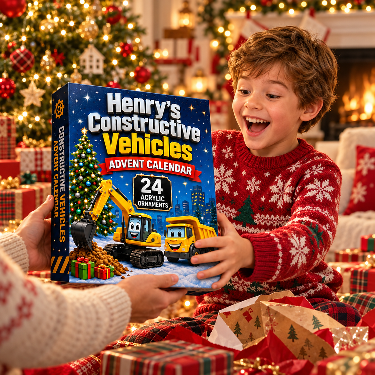 Personalized Construction Vehicles Advent Calendar With Custom Name, 24 Acrylic Vehicle Ornaments