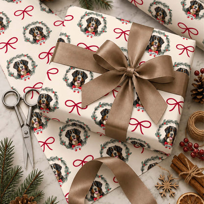 Personalized Pet Photo Christmas Wreath Plaid Wrapping Paper With Custom Name