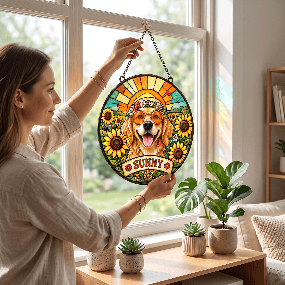 Personalized Hippie Pet Portrait Stained Glass Suncatcher – Custom Pet Name, Sunflower Boho Window Hanging Gift