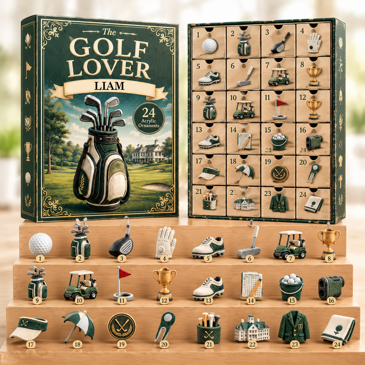Personalized Golf Lover Advent Calendar, Custom Name 24 Acrylic Golf Ornaments, Golf Christmas Countdown Calendar, Gift For Golfer