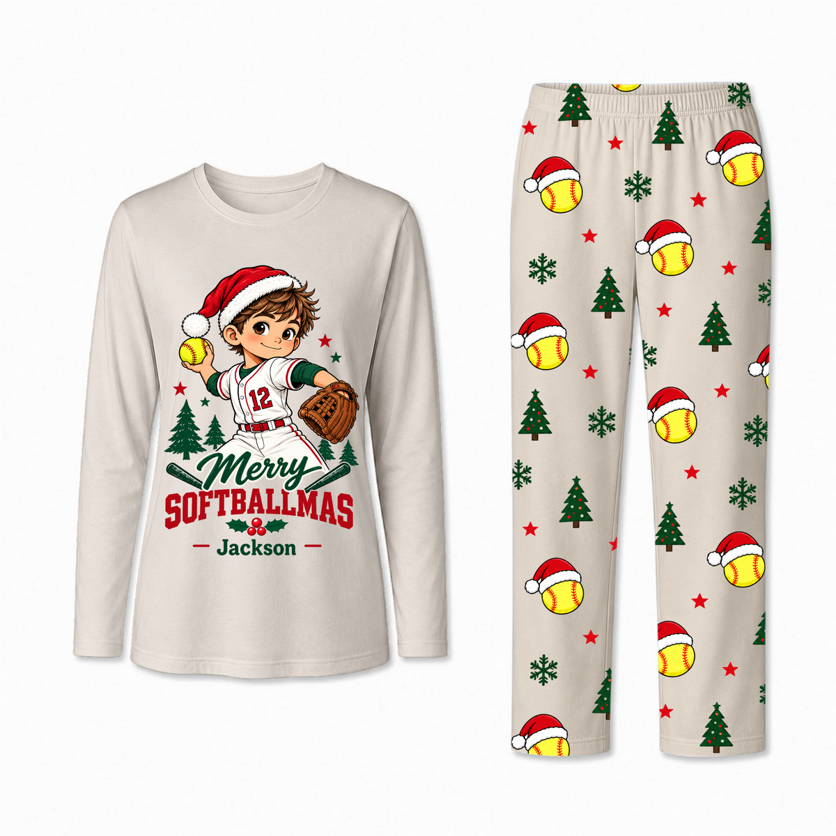 Custom Photo Cute Softball Christmas Player Matching Family Christmas Pajamas