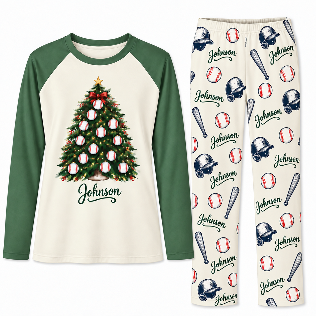 Personalized Name Festive Baseball Christmas Tree Matching Family Christmas Pajamas