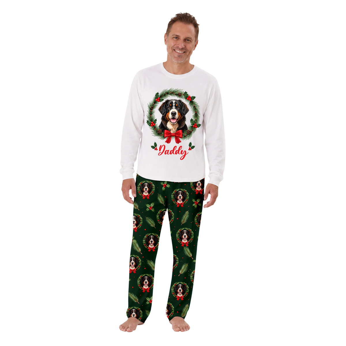 Personalized Cute Christmas Wreath Dog Matching Family Christmas Pajamas With Custom Pet Face