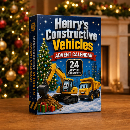 Personalized Construction Vehicles Advent Calendar With Custom Name, 24 Acrylic Vehicle Ornaments
