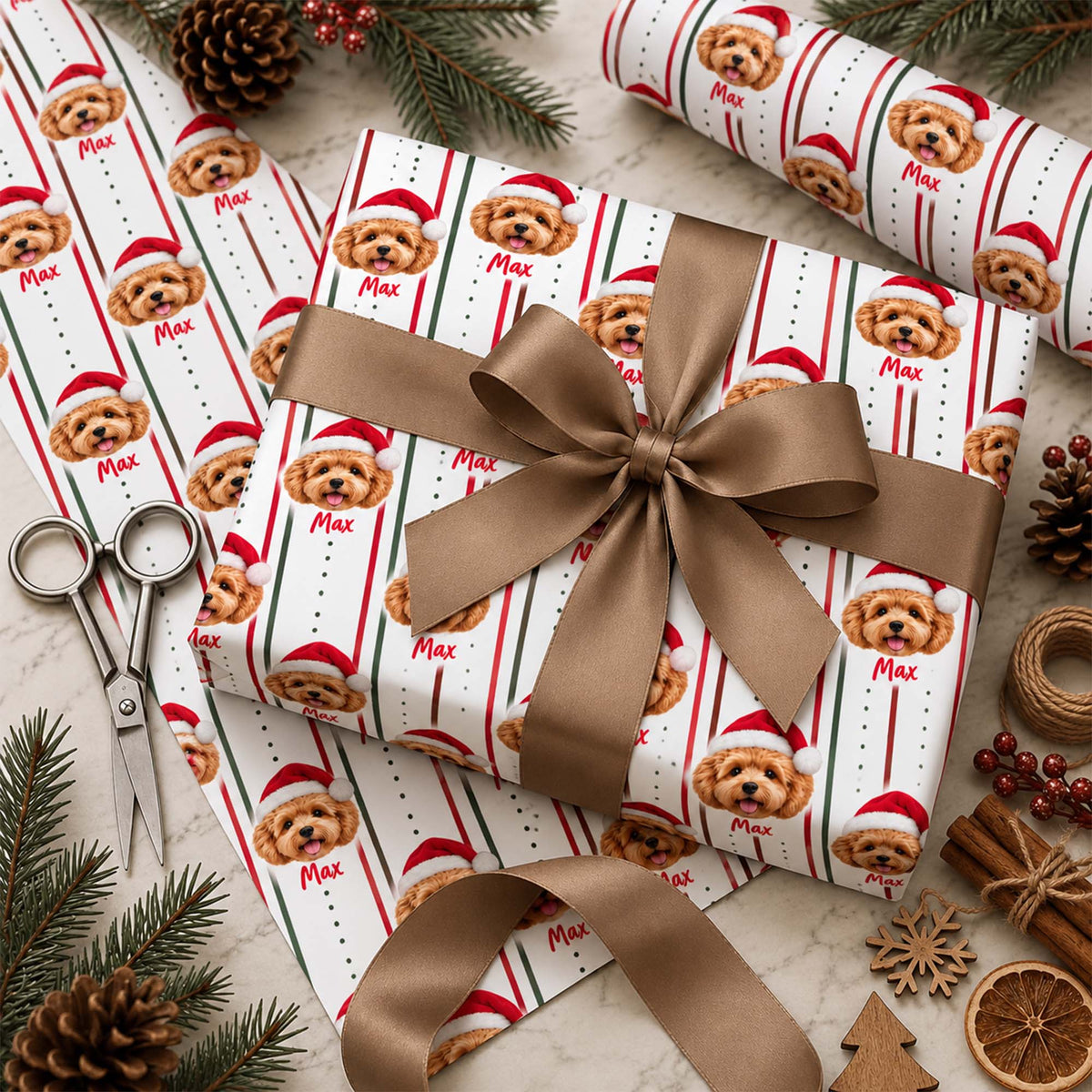 Personalized Pet Face Santa Hat & Name Christmas Wrapping Paper for Dog Lovers