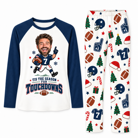 Funny Custom Face Football Tis The Season For Touchdowns Matching Christmas Pajamas