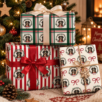 Personalized Pet Photo Christmas Wreath Plaid Wrapping Paper With Custom Name
