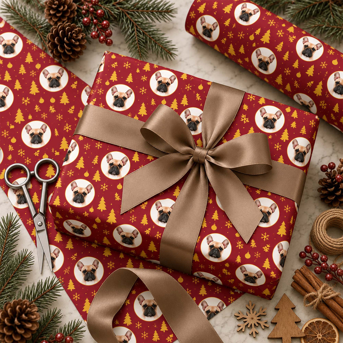Custom Pet Face Festive Christmas Tree & Snowflake Wrapping Paper for Dog Lovers