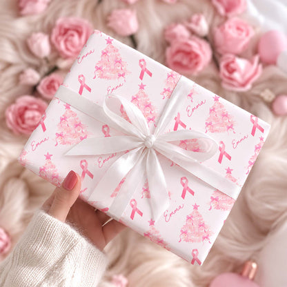 Personalized Name Pink Ribbon Christmas Tree Breast Cancer Holiday Wrapping Paper