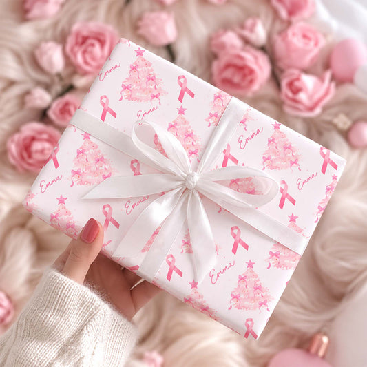 Personalized Name Pink Ribbon Christmas Tree Breast Cancer Holiday Wrapping Paper