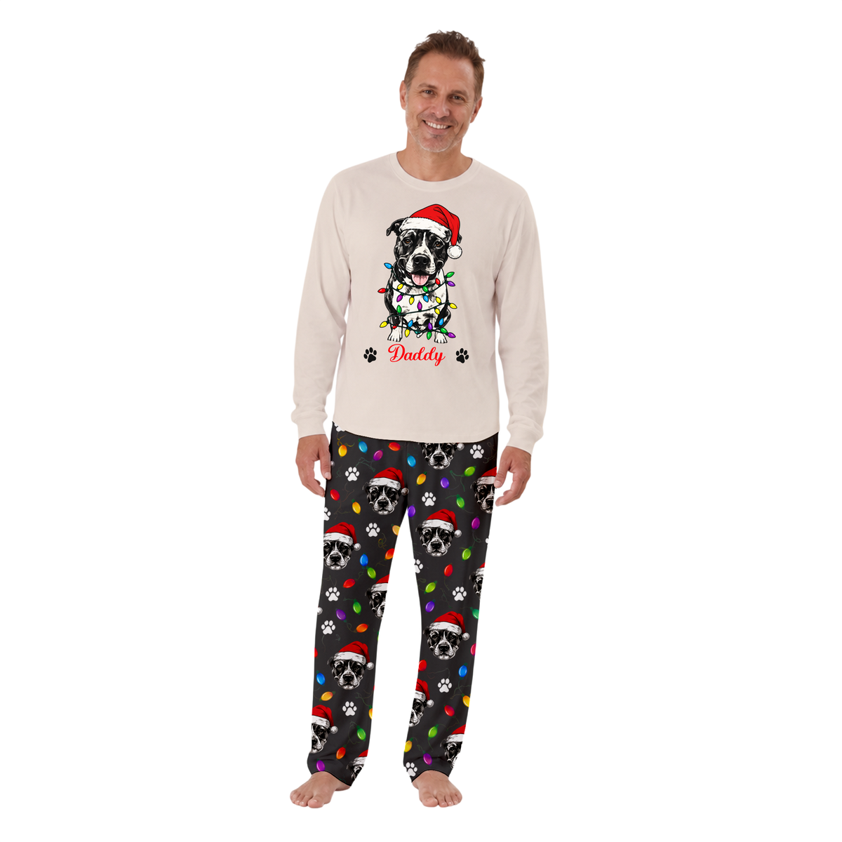 Personalized Cute Christmas Lights Dog Matching Family Christmas Pajamas With Custom Pet Face