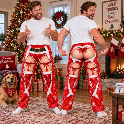 Funny Christmas Faux Ripped Pajama Pants – Santa Bow Illusion Print