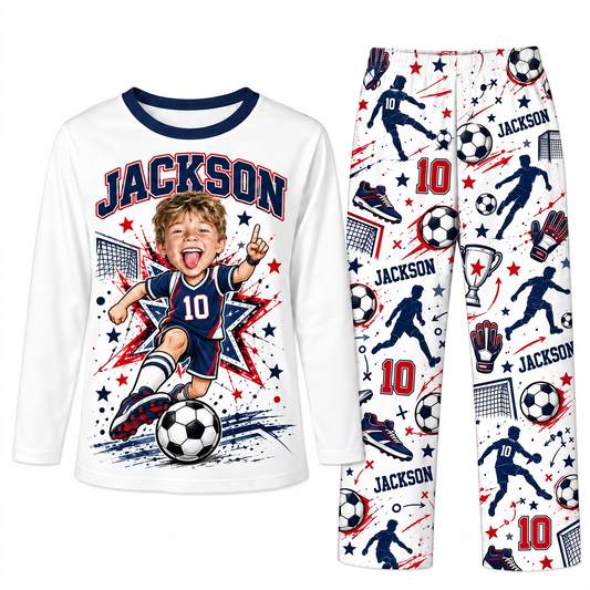 Custom Photo Name & Number Cute Soccer Player Matching Family Pajamas