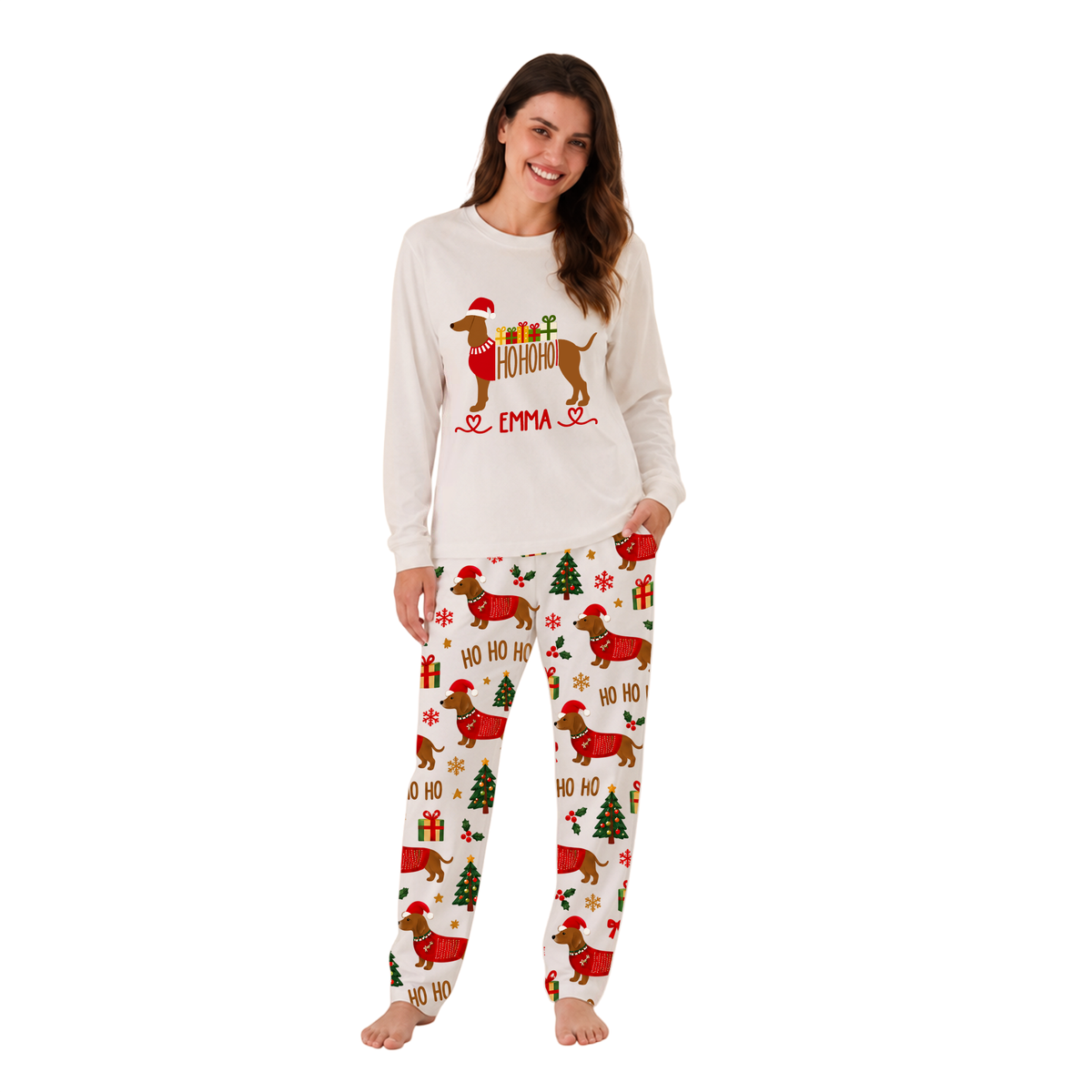 Festive Personalized Dachshund Dog Lover Family Matching Christmas Pajamas With Pet