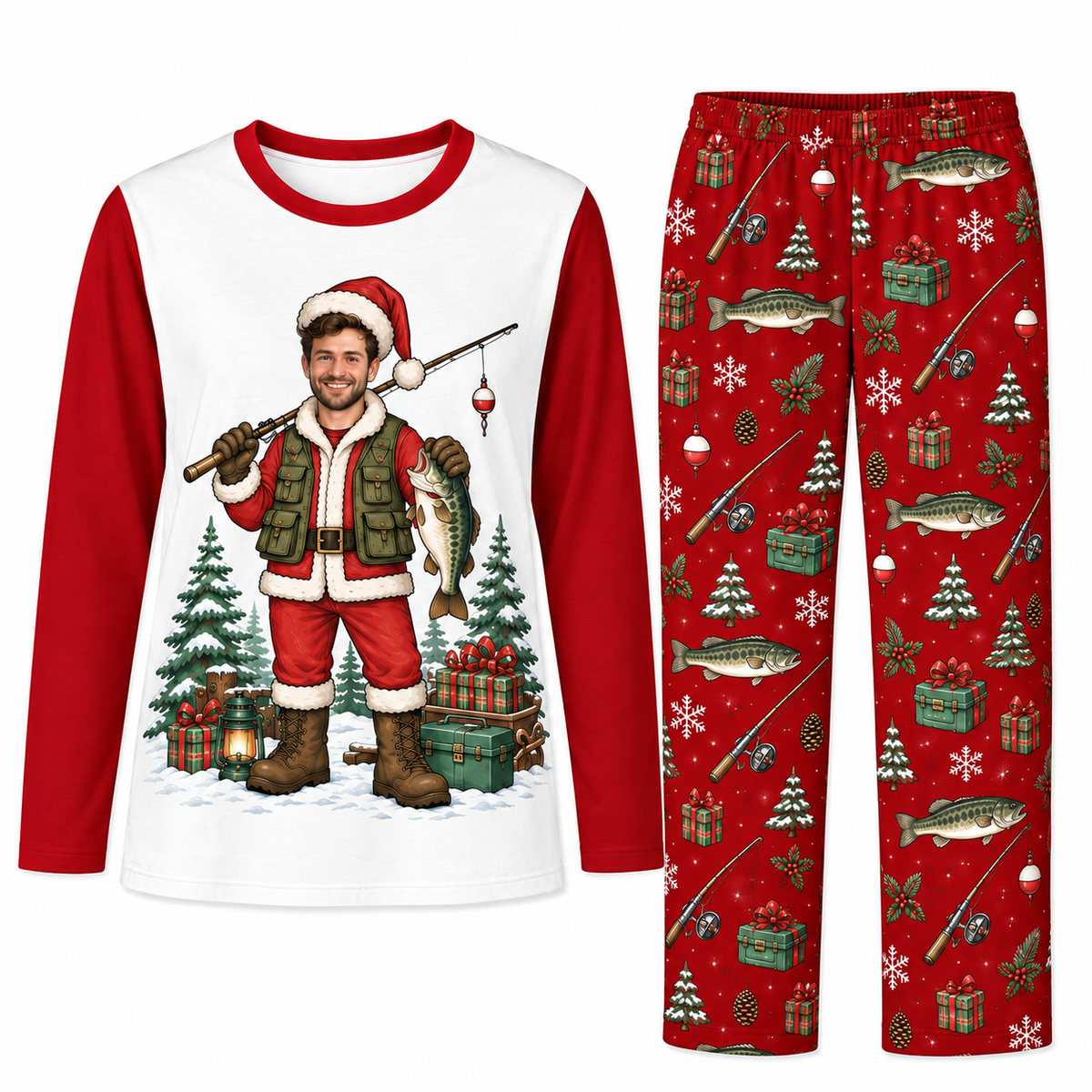 Custom Photo Funny Fishing Santa Claus Fisherman Matching Christmas Pajamas