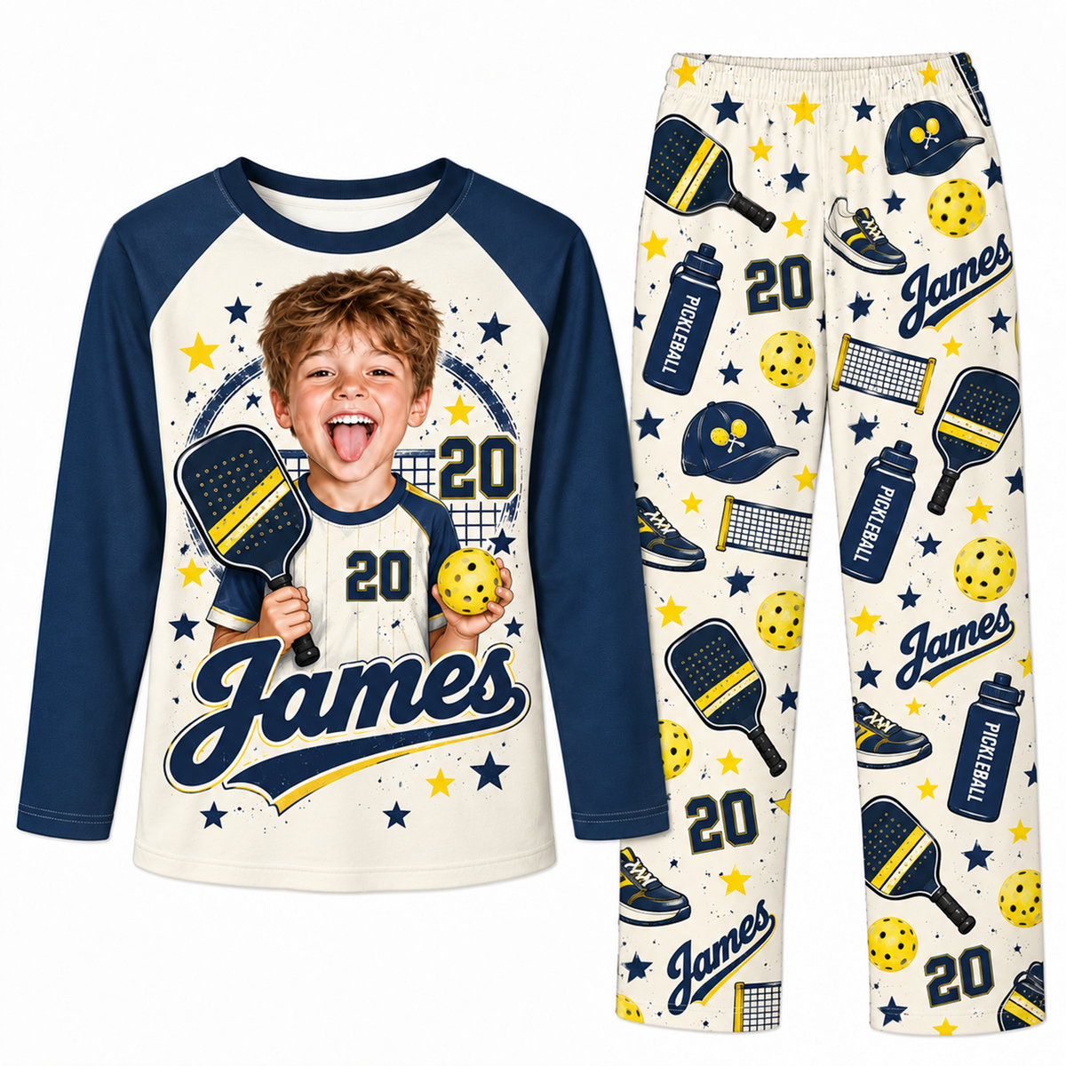 Custom Photo Name & Number Cute Pickleball Player Matching Family Pajamas