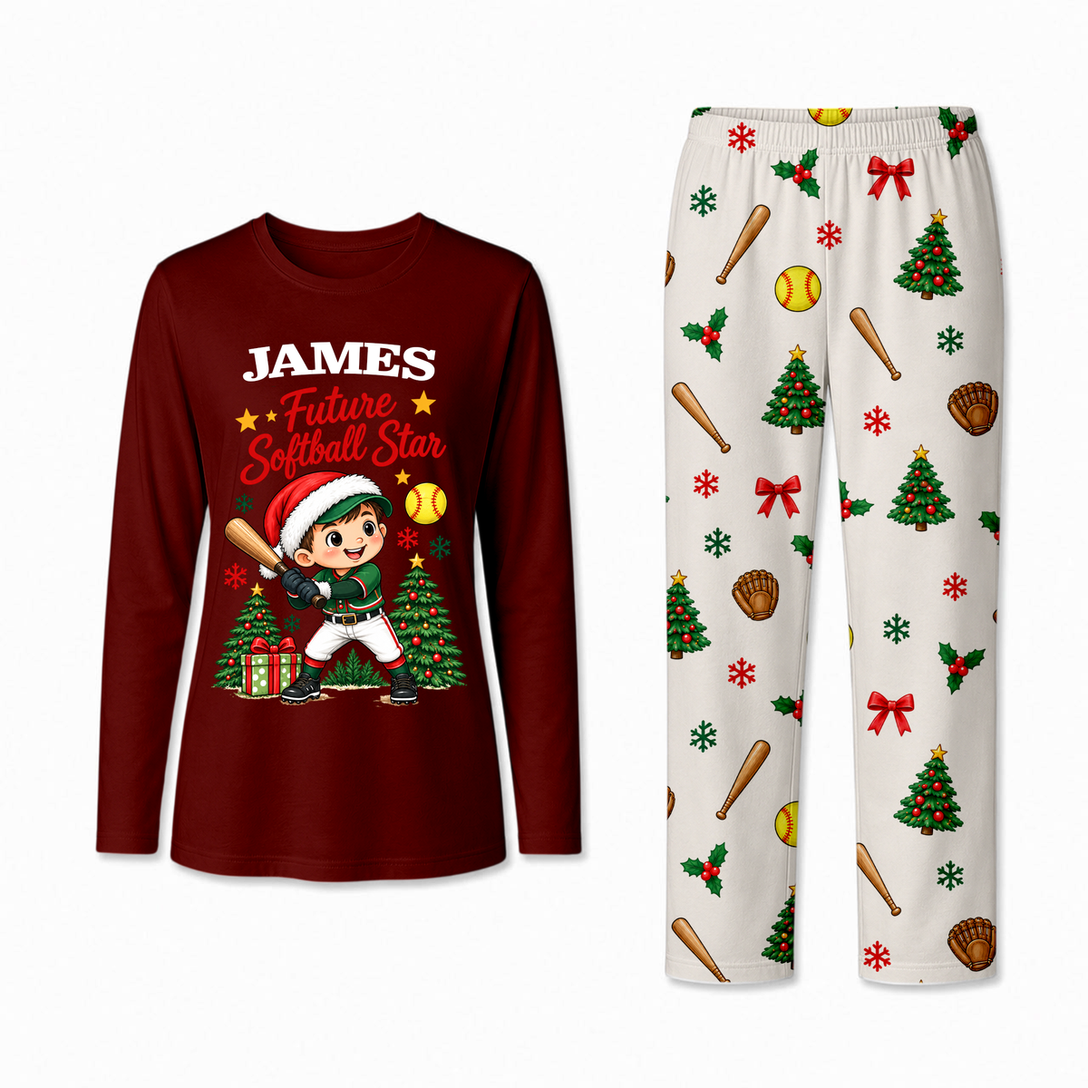 Personalized Softball Christmas Pajamas Custom Name Family Matching Holiday Pajama