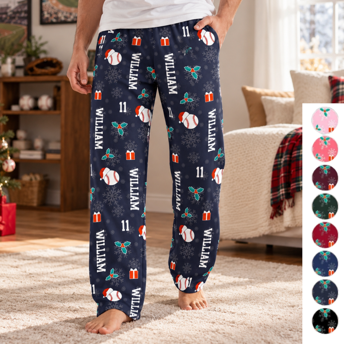 Personalized Baseball Christmas Pajama Pants, Custom Name & Number Baseball Lounge Pants, Baseball Player Christmas Gift