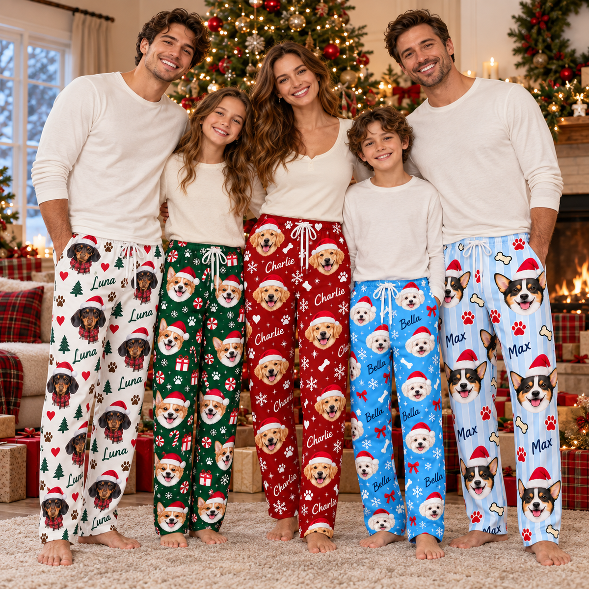 Personalized Pet Face Christmas Lounge Pants – Custom Dog Photo & Name Matching Pajama Pants
