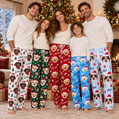 Personalized Pet Face Christmas Lounge Pants – Custom Dog Photo & Name Matching Pajama Pants