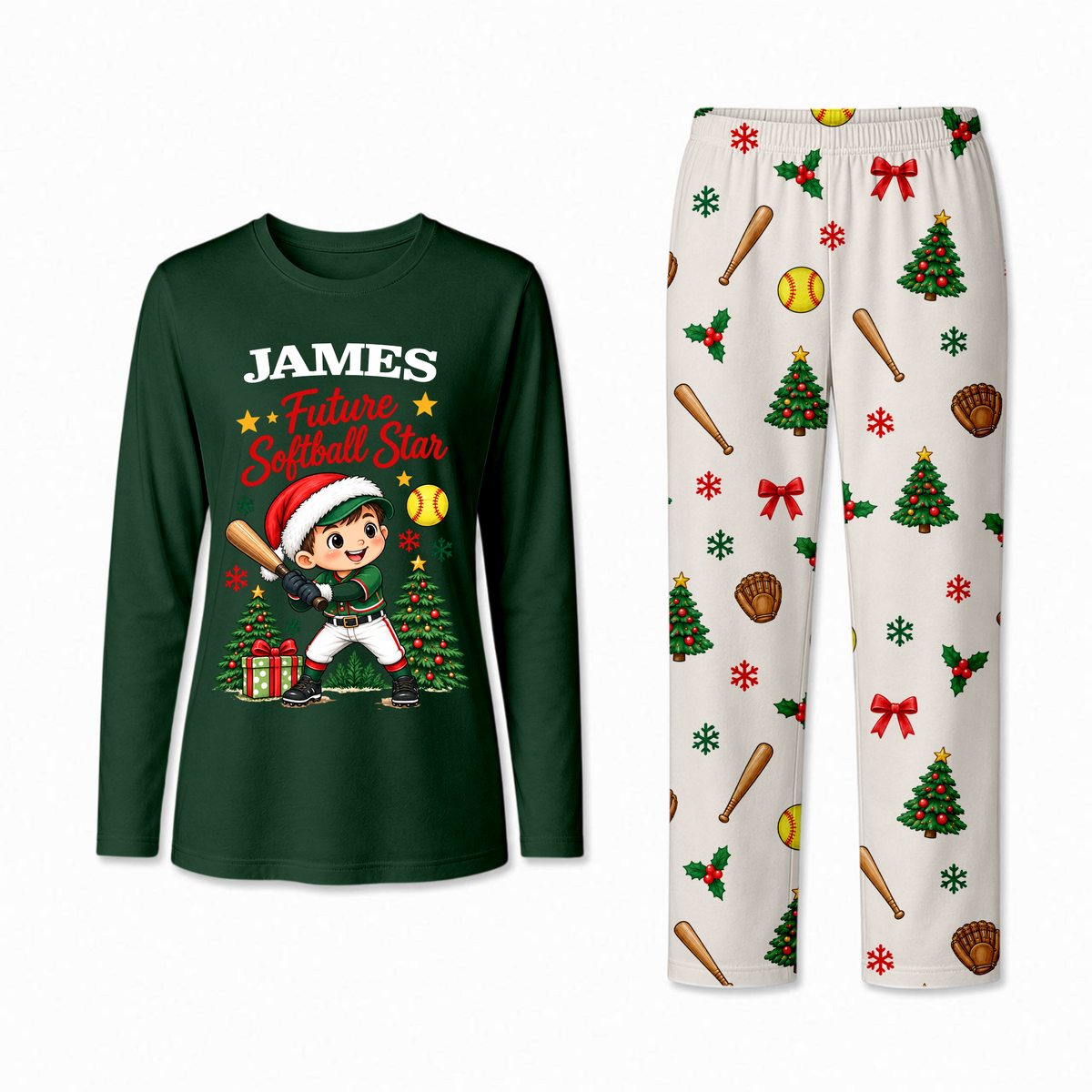 Personalized Softball Christmas Pajamas Custom Name Family Matching Holiday Pajama