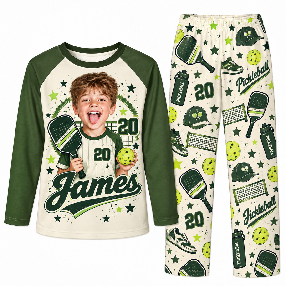 Custom Photo Name & Number Cute Pickleball Player Matching Family Pajamas