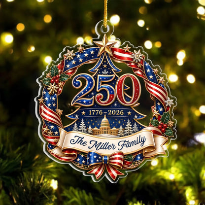 Patriotic 250th Anniversary Personalized Family Name Christmas Acrylic Ornament