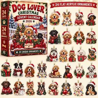 Dog Advent Calendar 2026 – 24-Piece Flat Acrylic Christmas Dog Ornaments for Dog Lovers