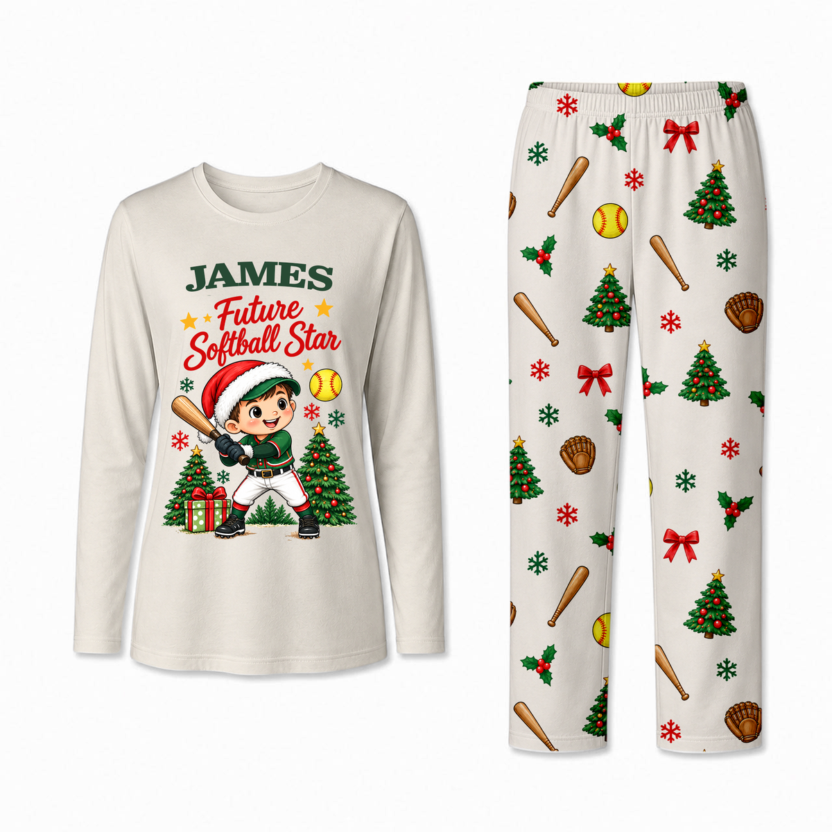 Personalized Softball Christmas Pajamas Custom Name Family Matching Holiday Pajama