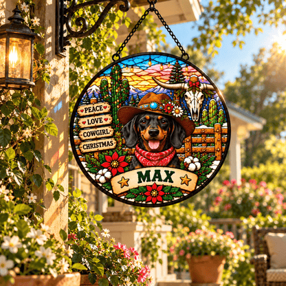 Personalized Cowgirl/Cowboy Christmas Pet Portrait Stained Glass Suncatcher, Custom Pet Name Western Holiday Window Hanging Gift