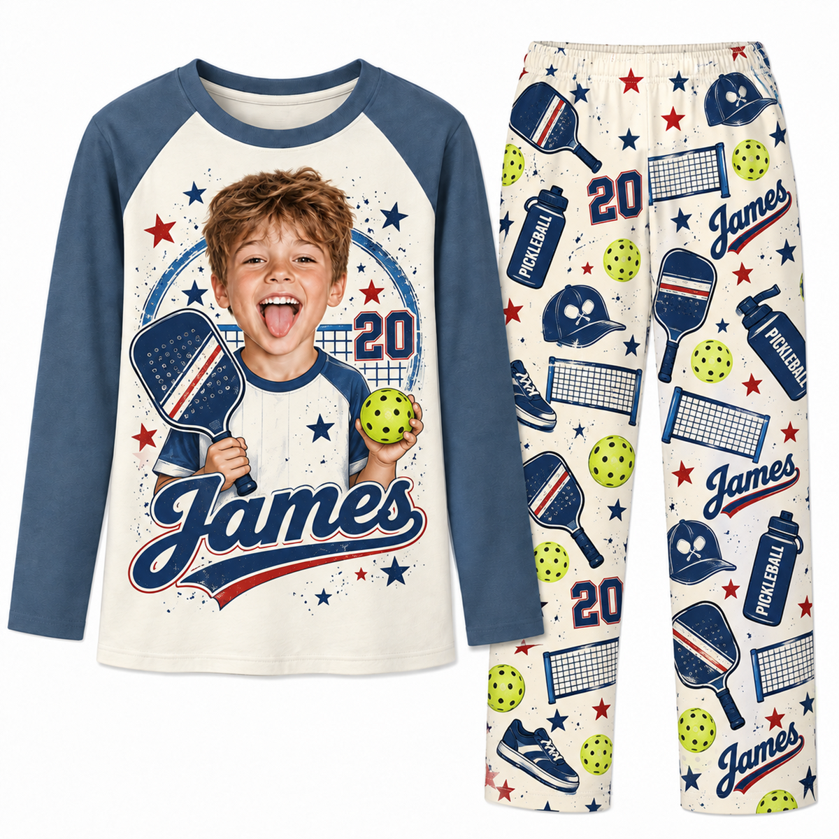 Custom Photo Name & Number Cute Pickleball Player Matching Family Pajamas