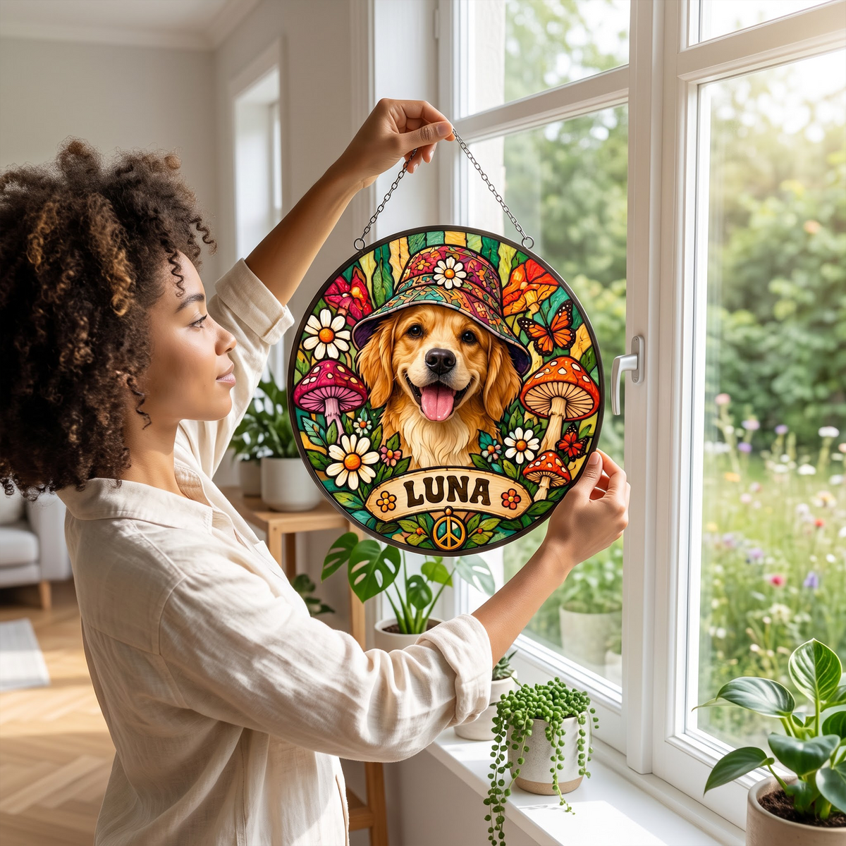 Personalized Hippie Pet Portrait Stained Glass Suncatcher – Custom Pet Name, Groovy Flower Power Peace Window Hanging Gift