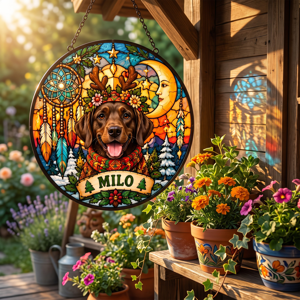 Personalized Hippie Christmas Pet Portrait Stained Glass Suncatcher – Custom Pet Name, Groovy Peace Holiday Window Hanging Gift