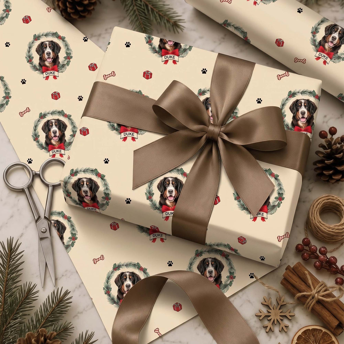 Personalized Dog Photo Christmas Wreath Wrapping Paper