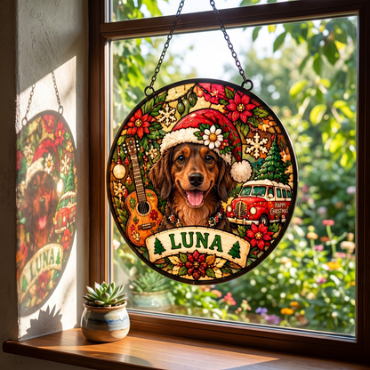 Personalized Hippie Christmas Pet Portrait Stained Glass Suncatcher – Custom Pet Name, Groovy Holiday Window Hanging Gift