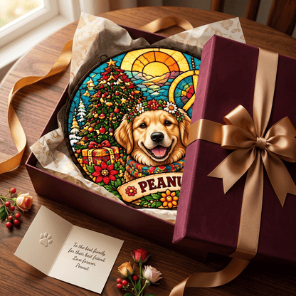 Personalized Hippie Christmas Pet Portrait Stained Glass Suncatcher – Custom Pet Name, Groovy Peace Holiday Window Hanging Gift