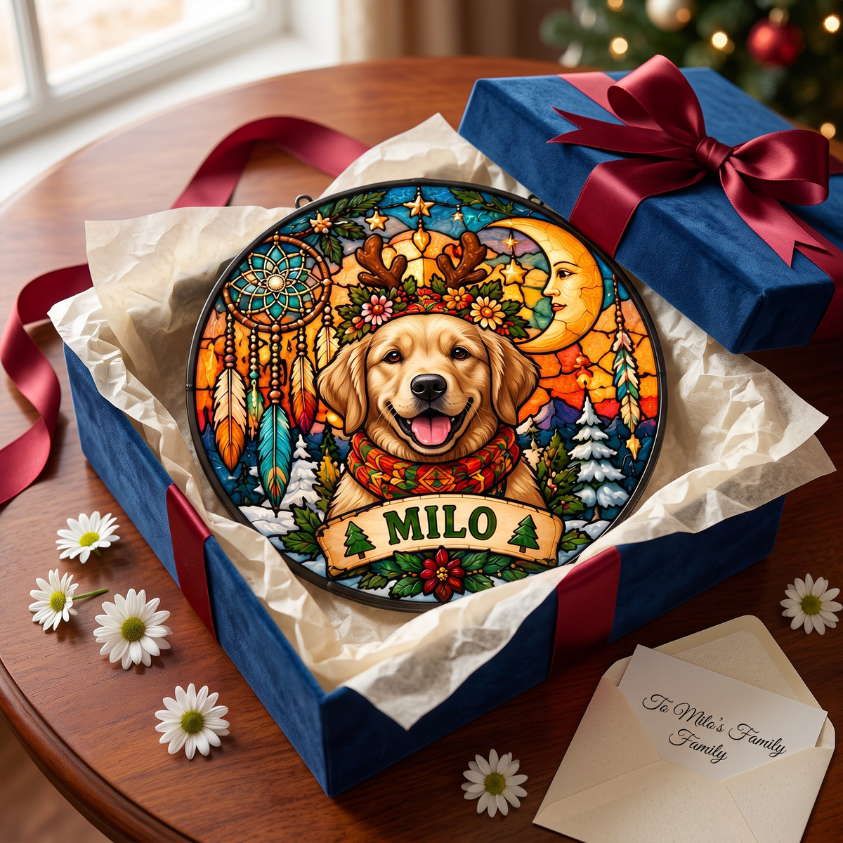 Personalized Hippie Christmas Pet Portrait Stained Glass Suncatcher – Custom Pet Name, Groovy Peace Holiday Window Hanging Gift