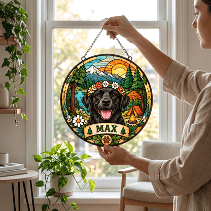 Personalized Hippie Pet Portrait Stained Glass Suncatcher – Custom Pet Name, Boho Hippie Window Hanging Gift