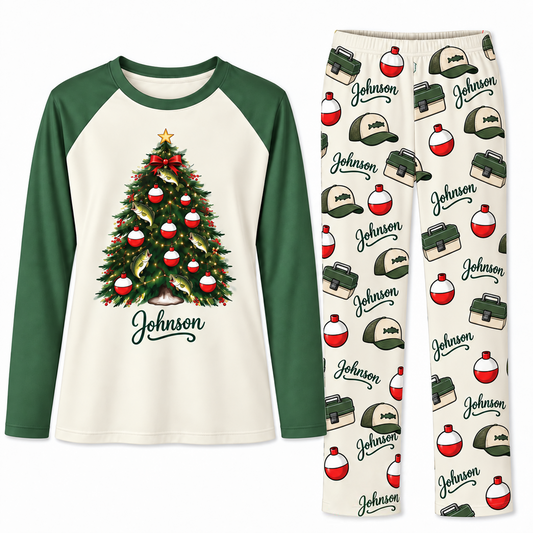 Custom Name Cute Fishing Christmas Tree Pajama Sets