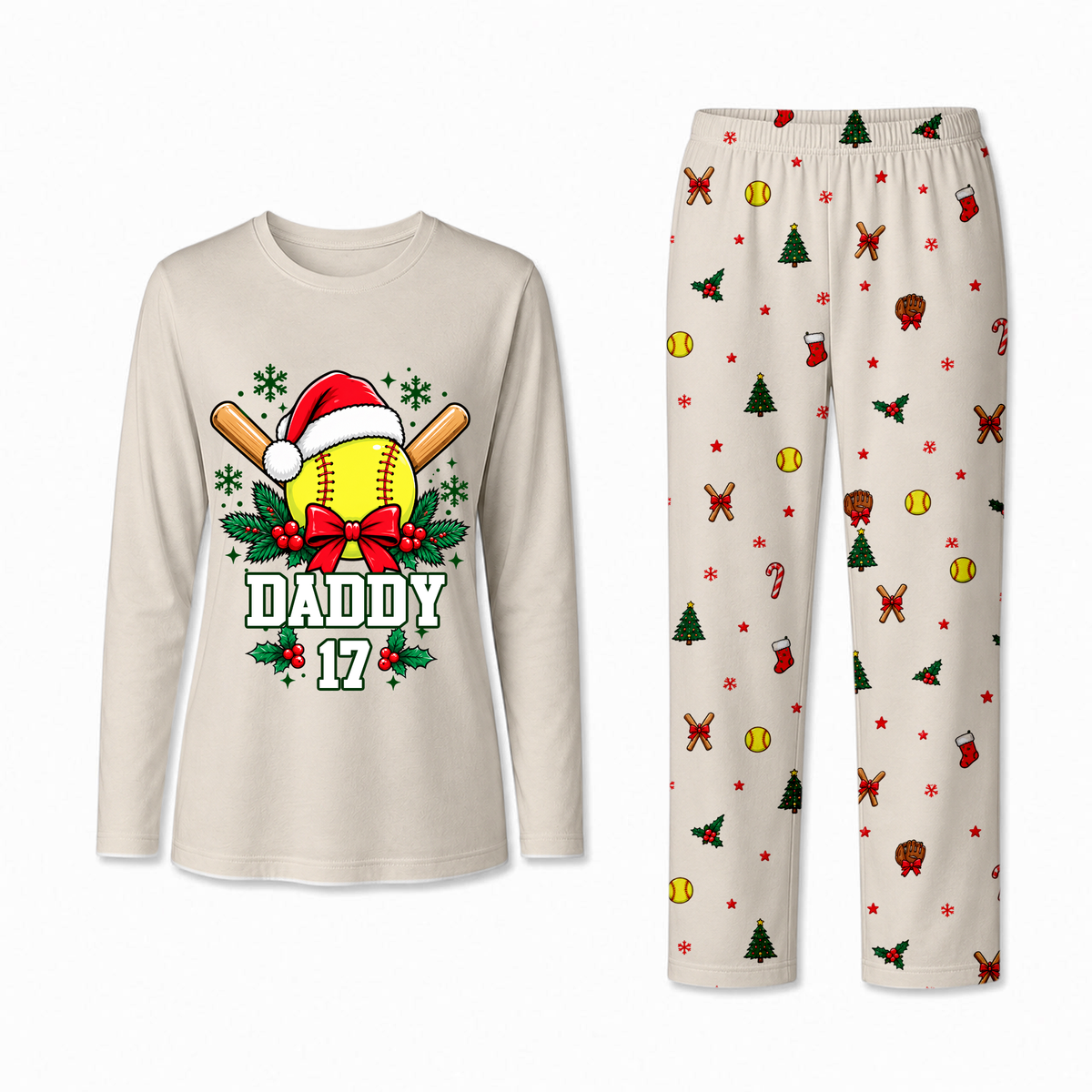 Personalized Softball Christmas Pajamas Custom Name and Number Family Matching Holiday Pajama