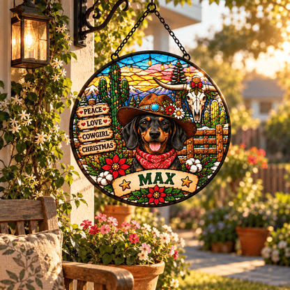 Personalized Cowgirl/Cowboy Christmas Pet Portrait Stained Glass Suncatcher, Custom Pet Name Western Holiday Window Hanging Gift