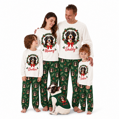 Personalized Cute Christmas Wreath Dog Matching Family Christmas Pajamas With Custom Pet Face