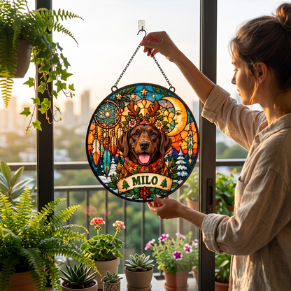 Personalized Hippie Christmas Pet Portrait Stained Glass Suncatcher – Custom Pet Name, Groovy Peace Holiday Window Hanging Gift