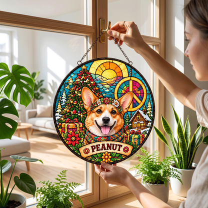 Personalized Hippie Christmas Pet Portrait Stained Glass Suncatcher – Custom Pet Name, Groovy Peace Holiday Window Hanging Gift