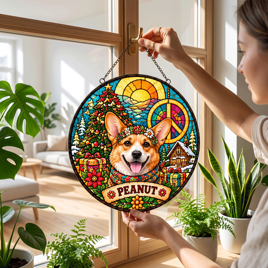 Personalized Hippie Christmas Pet Portrait Stained Glass Suncatcher – Custom Pet Name, Groovy Peace Holiday Window Hanging Gift