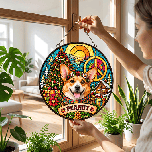 Personalized Hippie Christmas Pet Portrait Stained Glass Suncatcher – Custom Pet Name, Groovy Peace Holiday Window Hanging Gift