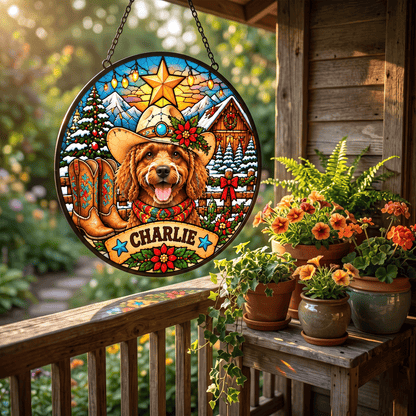 Personalized Western Christmas Pet Portrait Stained Glass Suncatcher – Custom Pet Name, Cowboy Holiday Window Hanging Gift