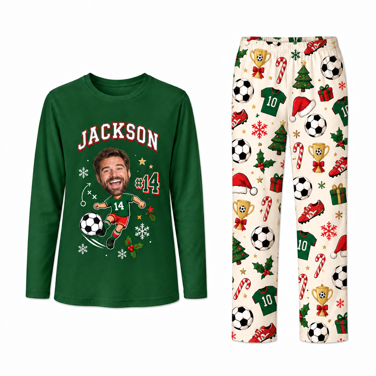 Cute Custom Face Soccer Player Matching Family Christmas Pajamas