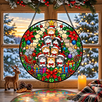 Festive Cat Christmas Tree Stained Glass Suncatcher – Cute Cat Window Hanging Ornament, Christmas Gift for Cat Lovers